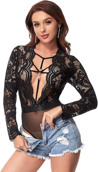 Sexy Lingerie for Women Long Sleeve Lace Teddy Bodysuit Plus Size One Piece Babydoll Lingerie S-4XL