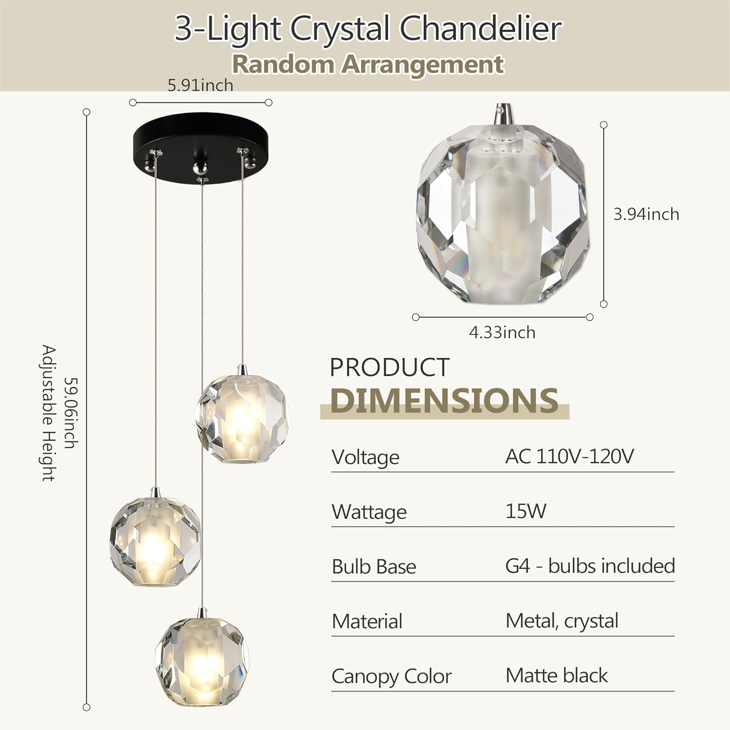 Black 3-Light Cluster Pendant Light for Kitchen Island, Modern Adjustable Hanging Chandelier Light Fixture with Clear Crystal Shades for Dining Room, Bathroom, Includes 3-Color Bulbs