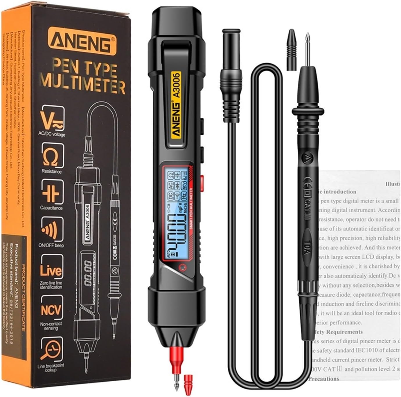 A3006 Pen Type Multimeter 4000 Counts Multifunctional AC/DC Voltage Tester Ohm Hz Zero Fire Line Detector Electric Tools(A3006)