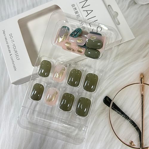 Miniatura 5 de Uñas postizas cortas a presión cuadradas con diseño de lámina dorada, uñas postizas de leopardo verde, uñas acrílicas de cobertura completa, uñas