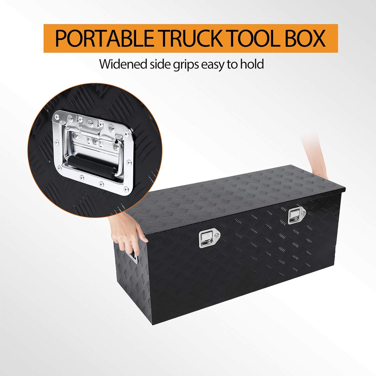 44 Inch Heavy Duty Aluminum Stripes Plated Truck Bed Tool Box with Side Handle，Lock and Keys, 44×18×18 Inch Waterproof Storage Organizer for Pick up, Truck Bed, ATV, RV, Trailer