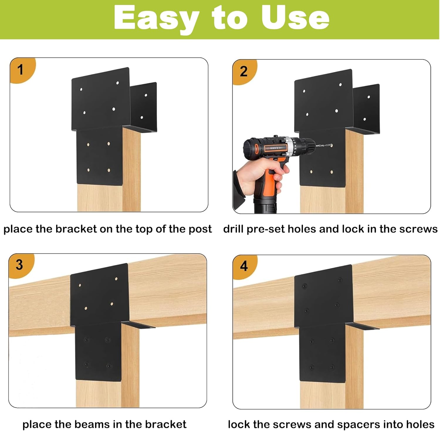 2 Pack 6"x 6" (Internal 5.5"x5.5") Stainless Steel Post Cap Tie Brackets Kit, Heavy Duty Wood Beam Support Bracket for Connecting Wood Beam to Pergola, Deck Patio Post, 14 Gauge,Black