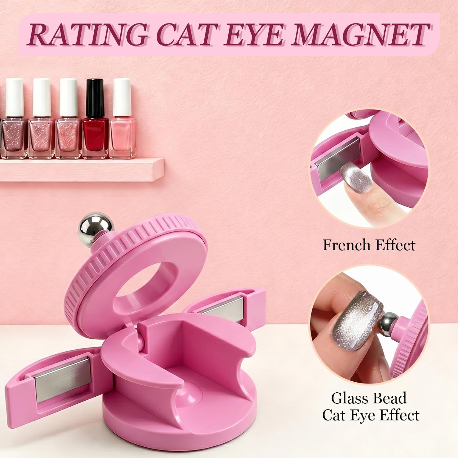 Plman 360° Rotating Cat Eye Magnet Set for Cat Eye Gel Polish, Nail Art Tool with U-Shaped Magnet for Beginners DIY Salon, Open Space Design Magnetic Nail Tool for 3D Effects (Rotating+U-shaped Pink)