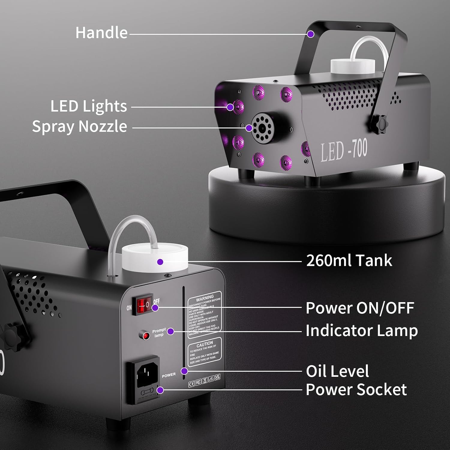 700W Compact Fog Machine with 8 RGB LEDs - Auto-Cycle Smoke & Lighting Effects,250ml Tank,2-3M Projection for Stage Party Halloween Christmas DJ Performance Wedding
