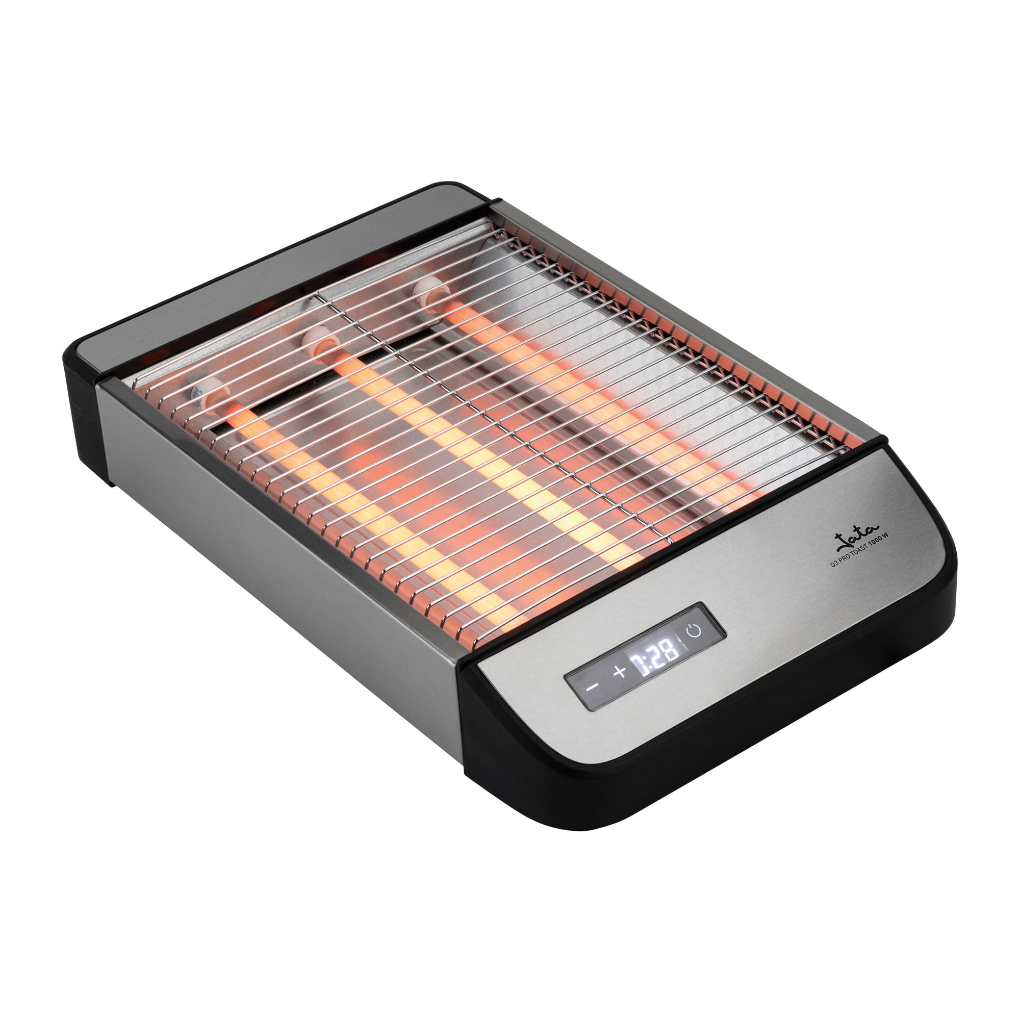 JATA JETT1590 - Tostadora Horizontal Digital, Tostador de Pan 1000W con Control Táctil, 6 Niveles de Tostado, Barras de Cuarzo, Bandeja Recogemigas Extraíble, Ideal para Pan, Bollería y Repostería