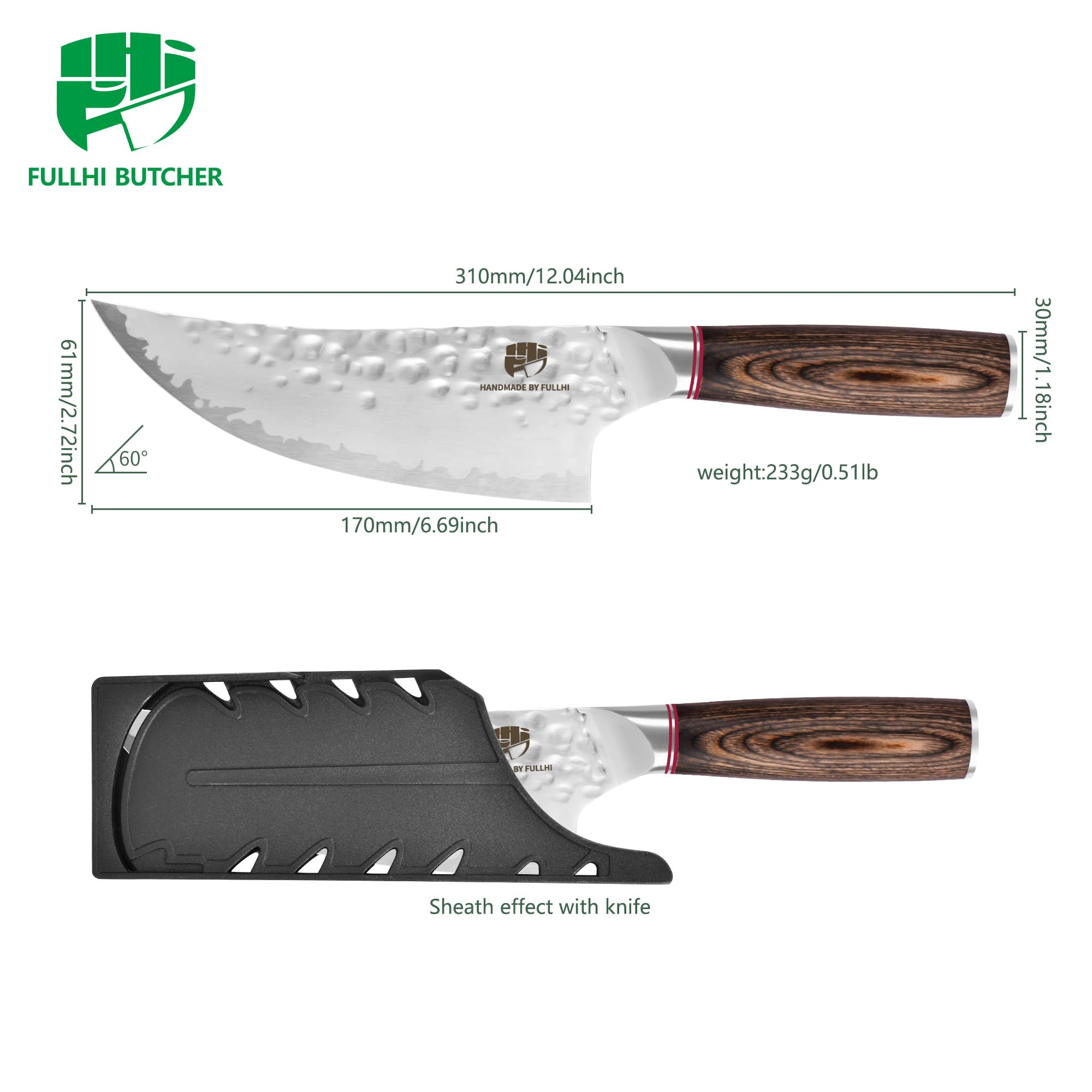 FULLHI Coltello da cucina a lama martellata con protezione, coltelli da chef antiaderenti, coltello giapponese con manico in legno Pakka, coltelli da cucina in acciaio inox con fodero (170mm)