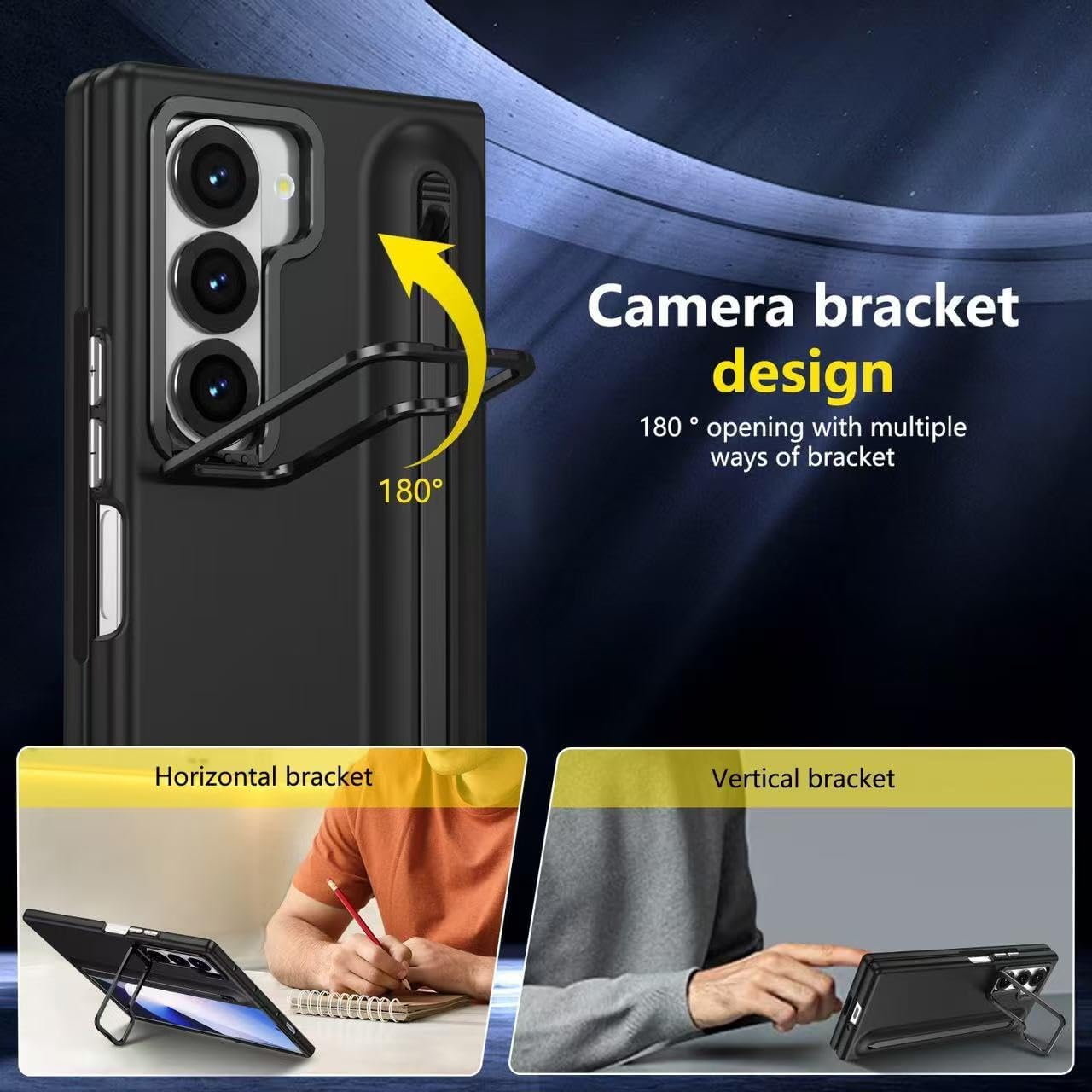 for Samsung Galaxy Z Fold 6 Case with S Pen Holder & Camera Frame Stand，Built-in HD Screen Protector, Slim Shockproof Protectiver Phone Cover for Samsung Galaxy Z Fold 6 Black