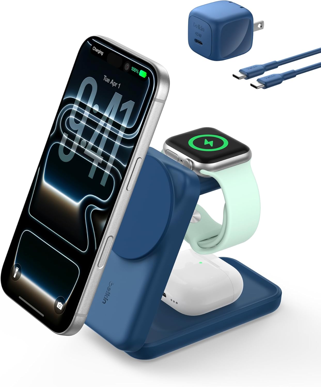 Belkin MagSafe Charger Compatible, 3-in-1 Charging Station, Qi2.2 25W Magnetic Wireless Charger Dock, Foldable Charging Stand for iPhone 17/16/15, Apple Watch, AirPods, Pixel 10 (45W Adapter Included)