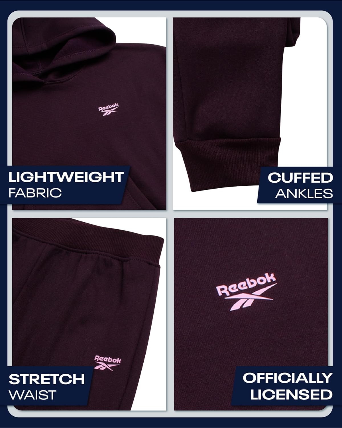 Reebok Girls Sweatsuit Set - 2 Piece Soft Long Sleeve Hoodie Sweatshirt and Sweatpants for Girls - Athletic Sweatsuit, Size 12, Plum - Image 3