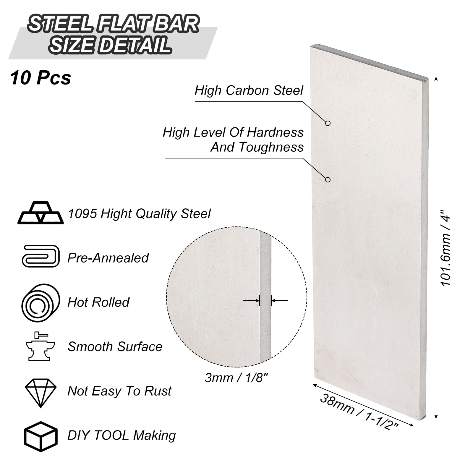 PATIKIL Barra Plana de Acero 1095, 10pcs, 102x38x3mm(L*An*G) Material para Fabricación de Cuchillos para Bricolaje en Blanco Hoja Metal, Profesional y Aficionado Uso, Negro