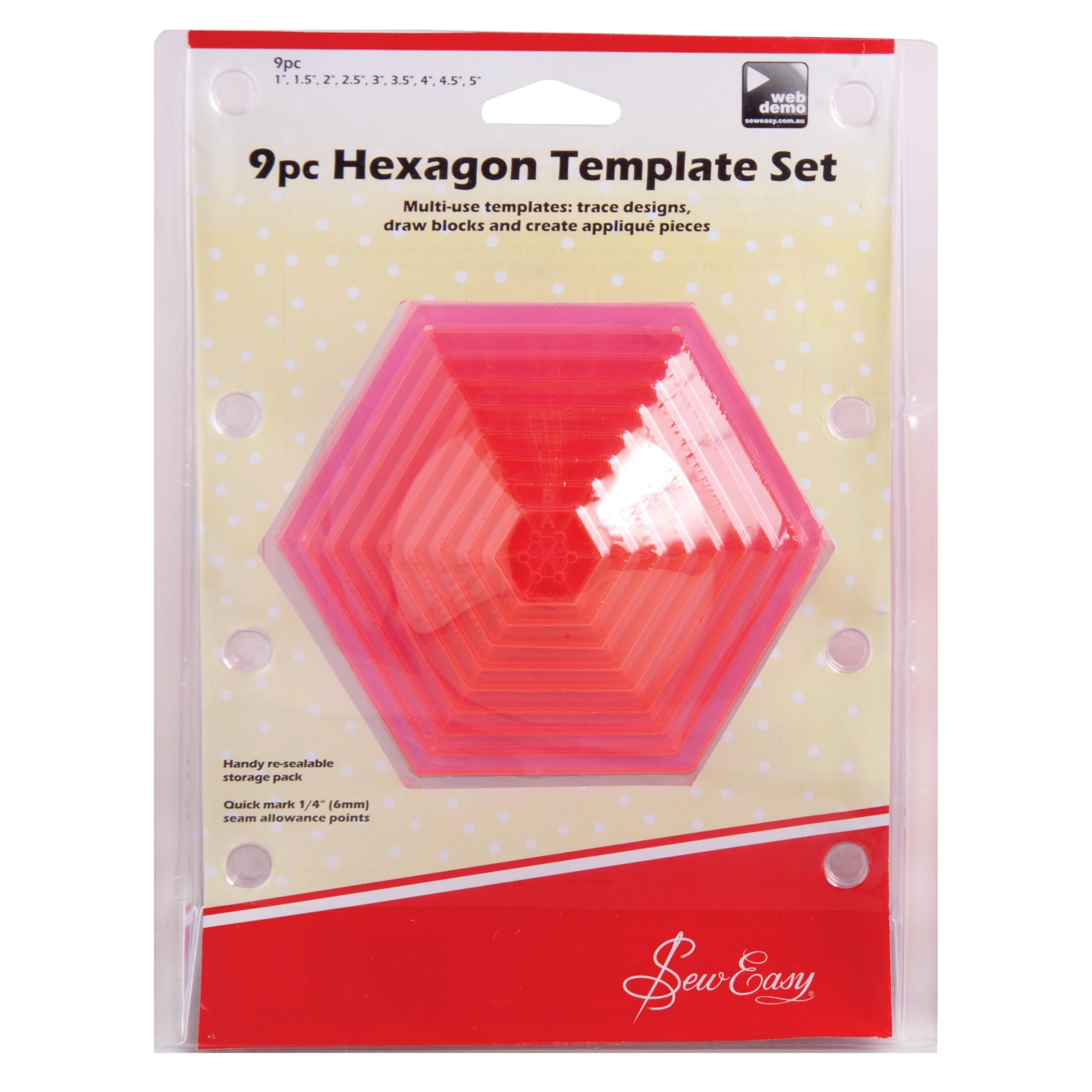 Hexagon Template Set SEW EASY 9 PC pour traçage et découpe patchwork