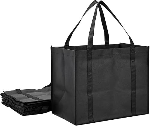 Okuna Outpost Paquete de 10 bolsas de comestibles reutilizables extragrandes negras con asas para compras, pequeñas empresas, venta al por menor