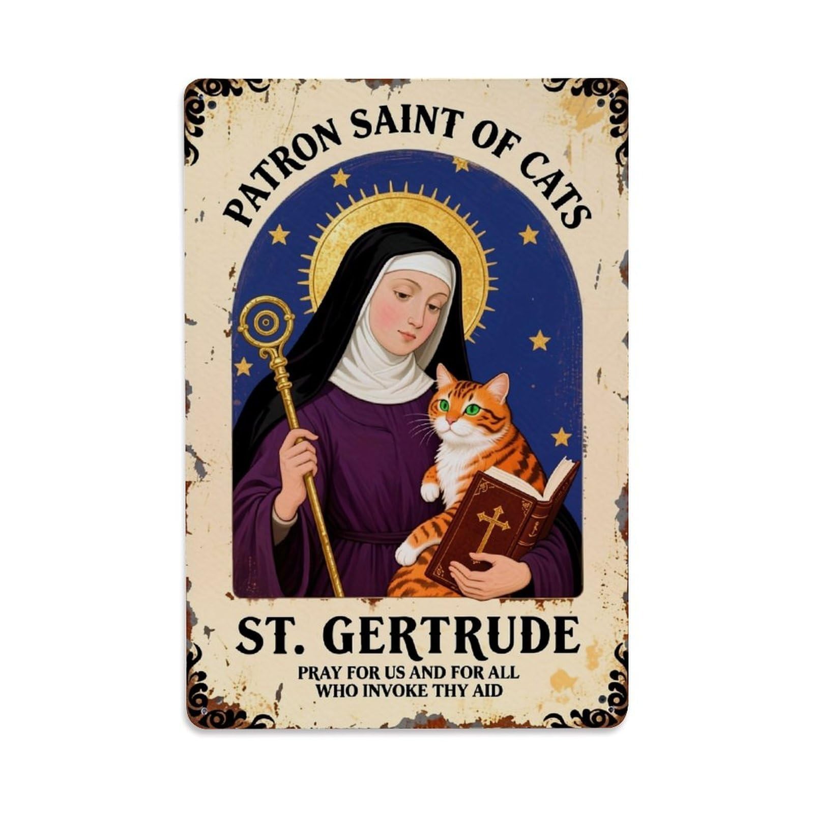 Jdfenggu Vintage Saint Gertrude Patron Saint Cats Retro Metal Tin Sign, Metal Poster For Bar, Home, Man Cave, Kitchen, Laundry Room Art Decor 8X12 Inch