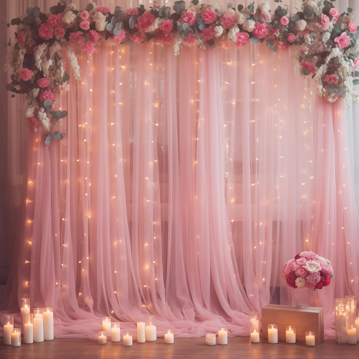 10×10ft Dusty Rose Tulle Backdrop Curtain with Lights String for Parties, Sheer Photo Curtain Backdrop Drapes for Wedding Party Photography Backgrounds 10ftx10ft Dusty Rose