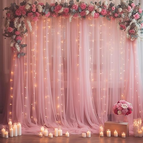 Miniatura 8 de Cortina de telón de fondo de tul negro de 10 x 10 pies con cadena de luces para fiestas, cortinas de telón de fondo transparentes para decoración