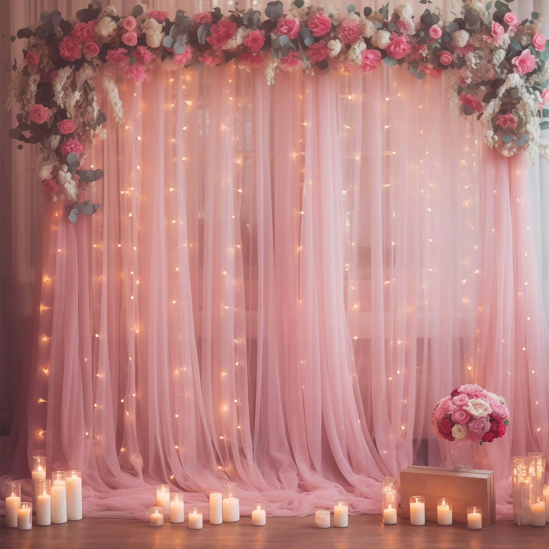 View 1 of **MISSING LIGHTS** Wish Care 10x10ft Dusty Rose Tulle Backdrop Curtain with Lights