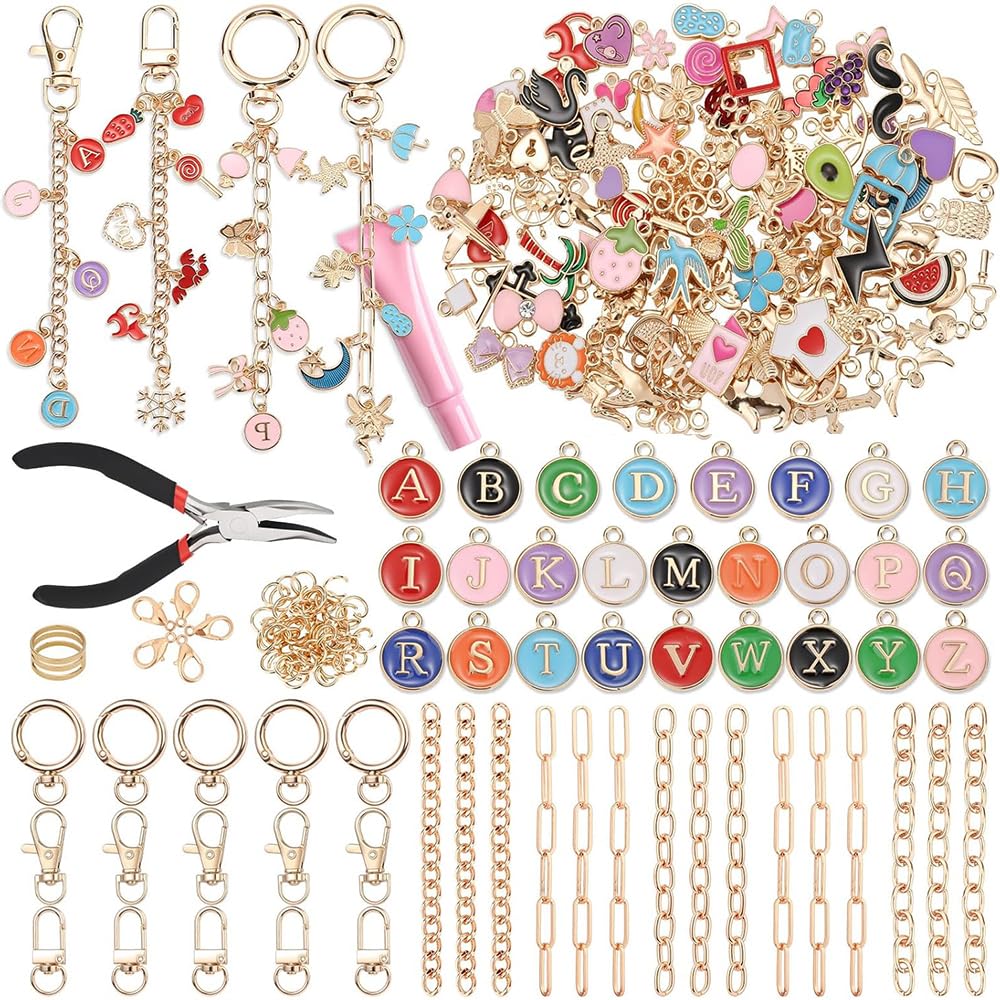 263 Pcs Lip Gloss Charm Keychain Craft Kit with Key Rings, Jump Rings, Lobster Clasps, Chains & Tools, DIY Jewellery Making Supplies for Personalised Bag Accessories