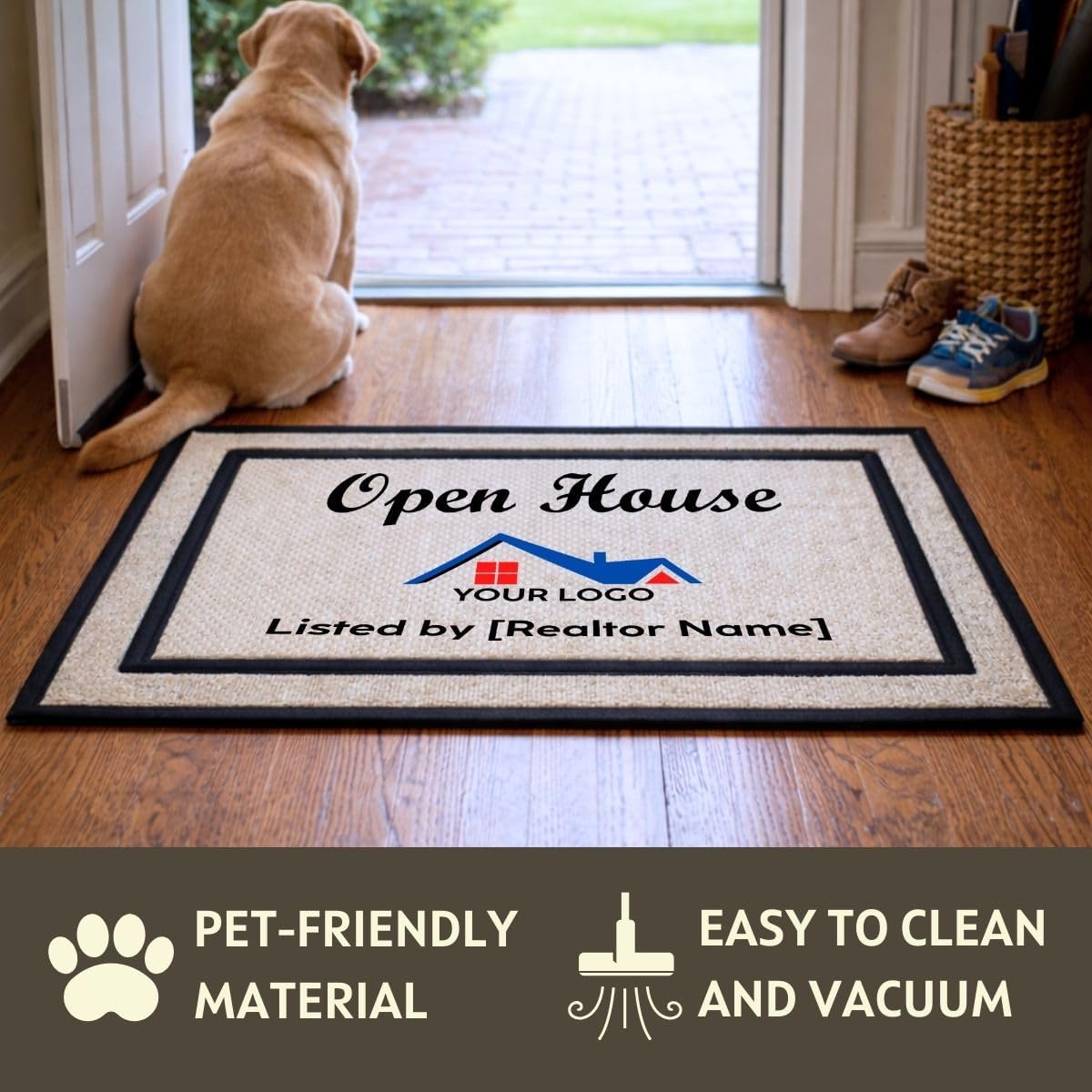 clicked craft Custom Logo Open House Door Mat - 18x30 Inch - Open House Supplies Doormat with Non-Slip Rubber Backing and Polyester Top - Made in USA - Real Estate Agent Doormat (Logo & Name)
