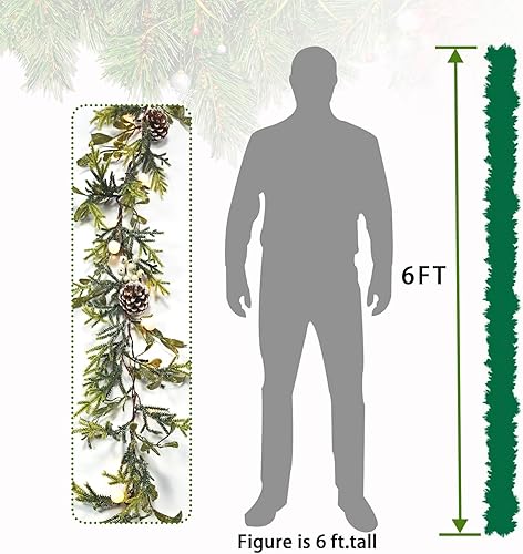 Miniatura 3 de Guirnalda de nieve de 6 pies, guirnalda de Navidad preiluminada con 20 luces LED, conos de pino, bayas blancas y bolas, funciona con pilas, con