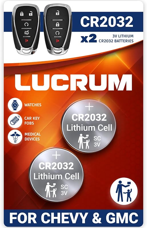Bateria CR2032 de lítio Lucrum para controle remoto Chevrolet e GMC Silverado, Equinox – Pacote com 2
