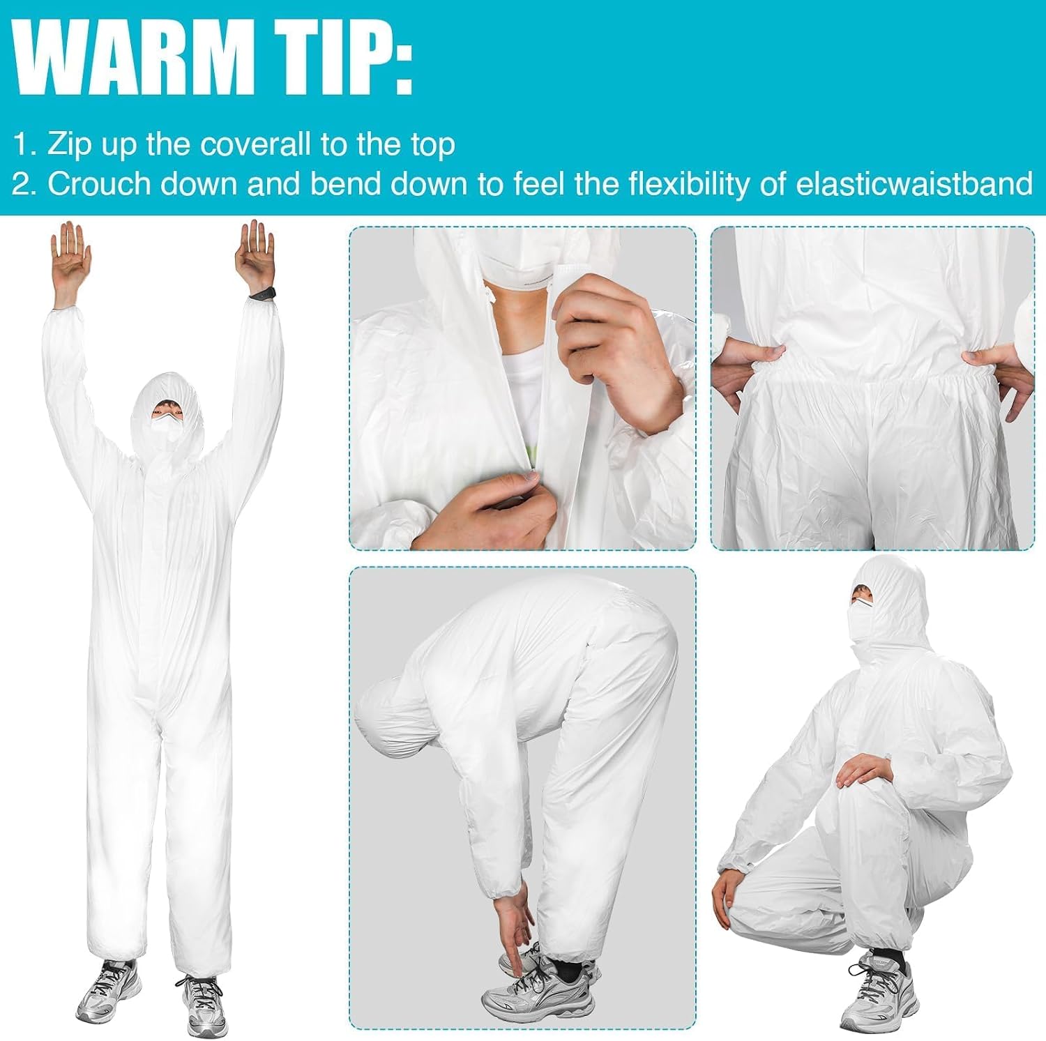 FURWEY Hazmat Suits 5 Pack Disposable Protective Coveralls, with Elastic Wrists, Ankles and Hood, Available in 5 sizes