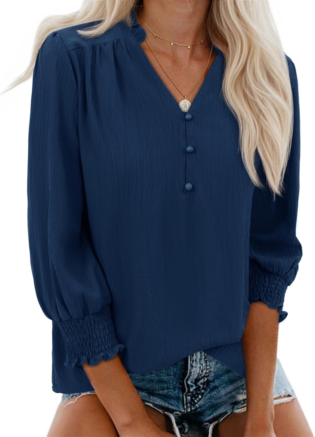 Blouses for Women Dressy Casual 3/4 Length Sleeve Womens Tops 2026 Spring Trendy Cute Smocked Cuffs Sleeve