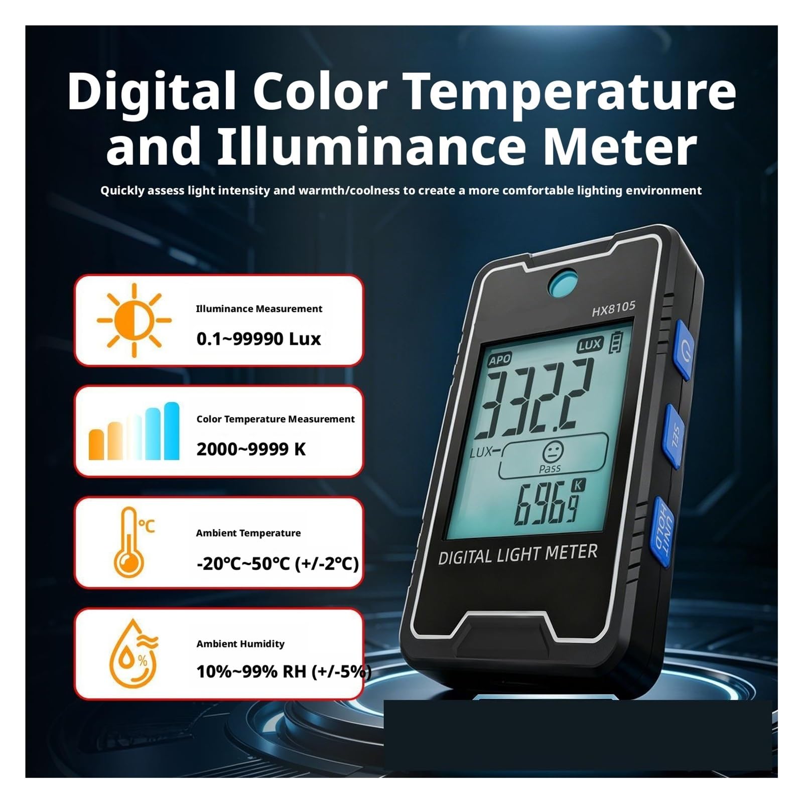 Medidor de Luz, Mini medidor Recargable de Temperatura Color y Lux, probador Humedad Ligera 4 en 1