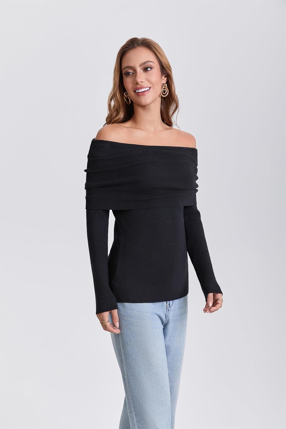 Women's Off The Shoulder Sweater 2025 Fashion Versatile Cute Long Sleeve Tops Fall Winter - Image 3