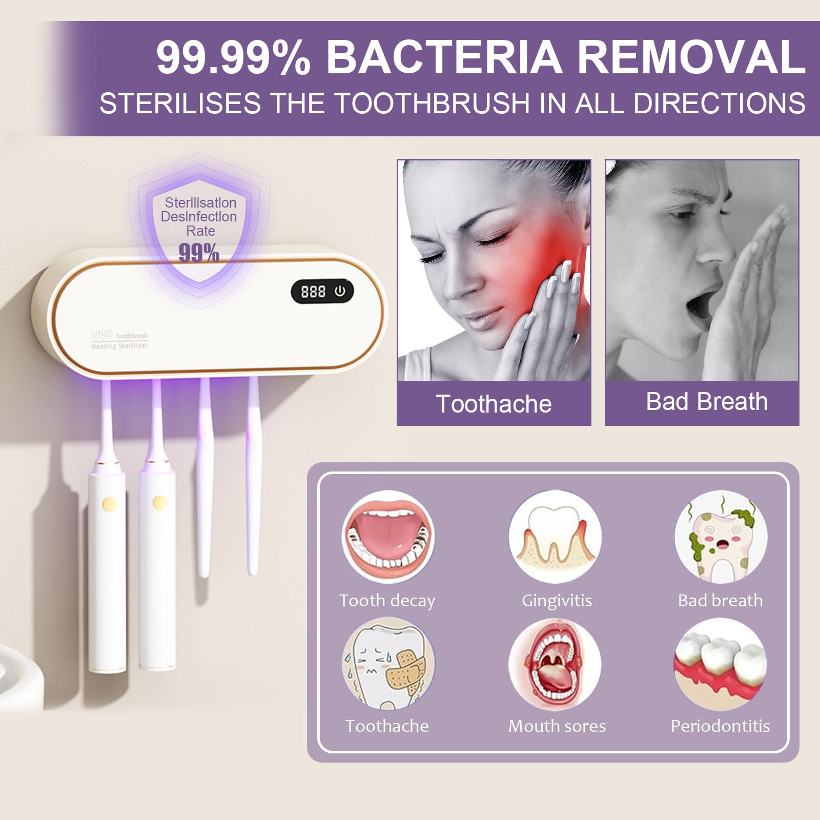 mumisuto UV Sanitizer uchwyt na szczoteczki do zębów, ścienny, bez wiercenia, z funkcją suszenia i timera, 1800 mAh, z możliwością ponownego ładowania, 4 otwory, akcesoria łazienkowe dla dzieci i