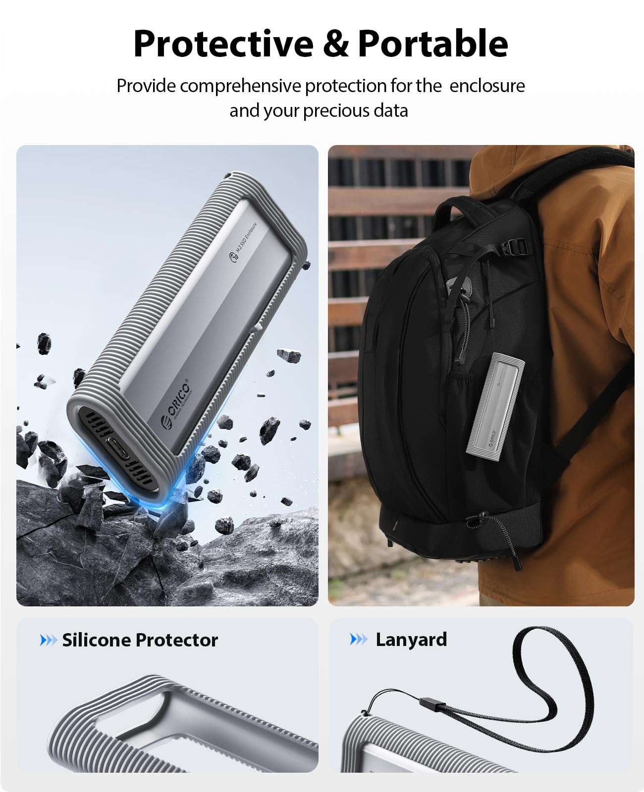 ORICO Case SSD M2 NVMe Senza Attrezzi, USB 3.2 10Gbps Adattatore SSD M2 NVMe USB con Protezione in Silicone e Cordino, Alluminio NVMe Case per SSD NVMe PCIe M-Key in 2230/2242/2260/2280 -AXM2