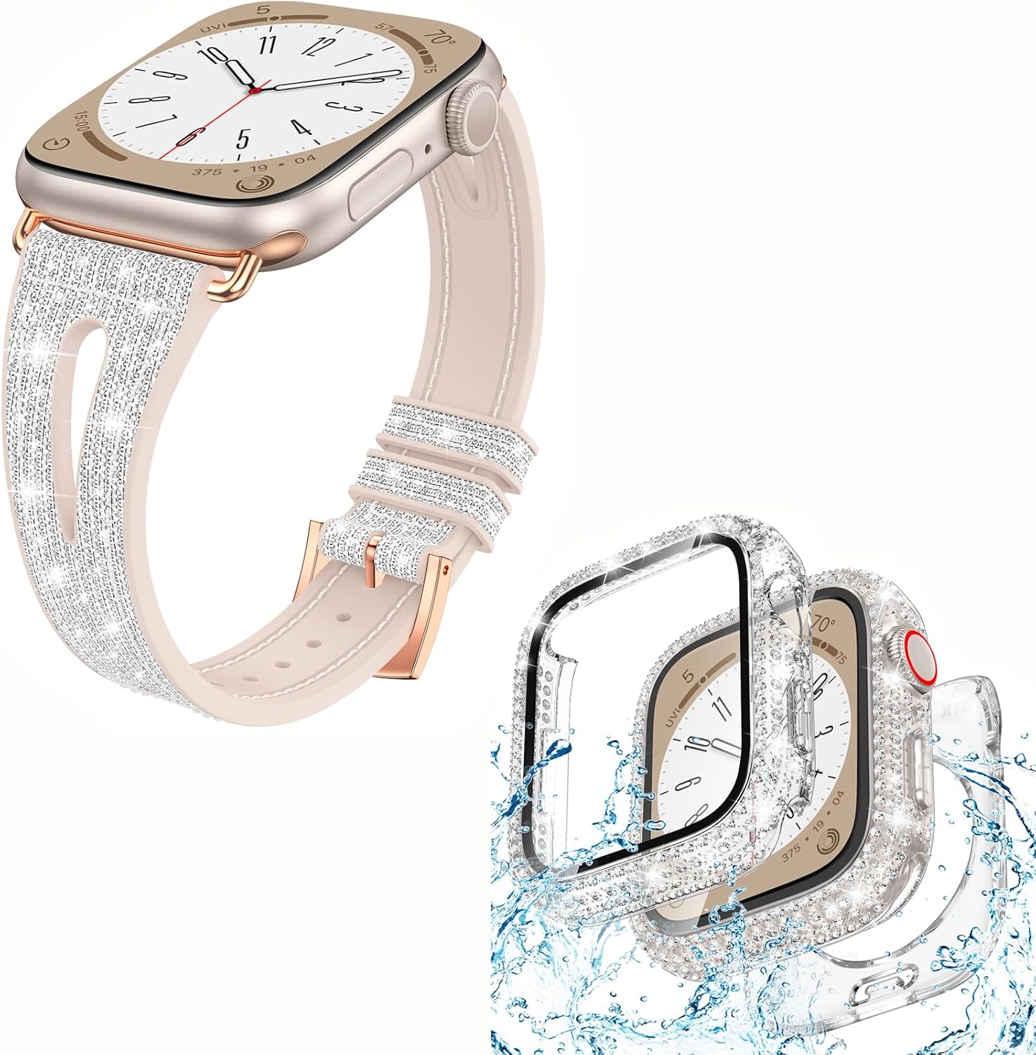 Goton 2 in 1 Bling Waterproof Case & Glitter Thin Band Compatible with Apple Watch 41mm Series 9/8/7, Women Silicone Strap + iWatch Screen Protector (For 41mm Only)