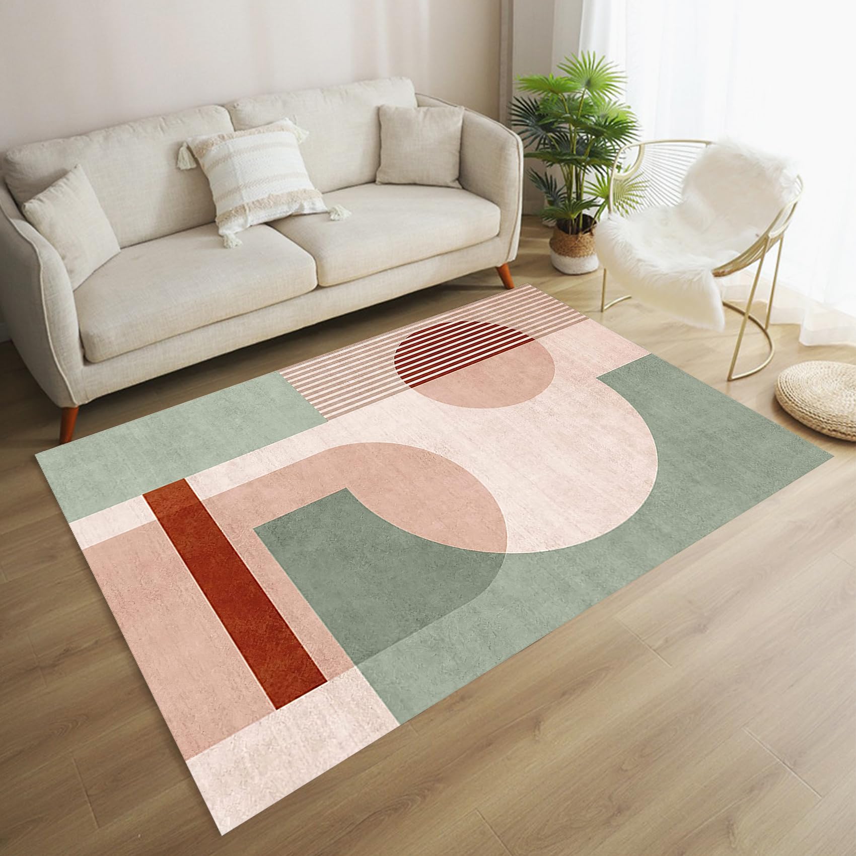 Tapis salon vert beige marron 160x230 cm, grand tapis chambre adulte et salle à manger moderne