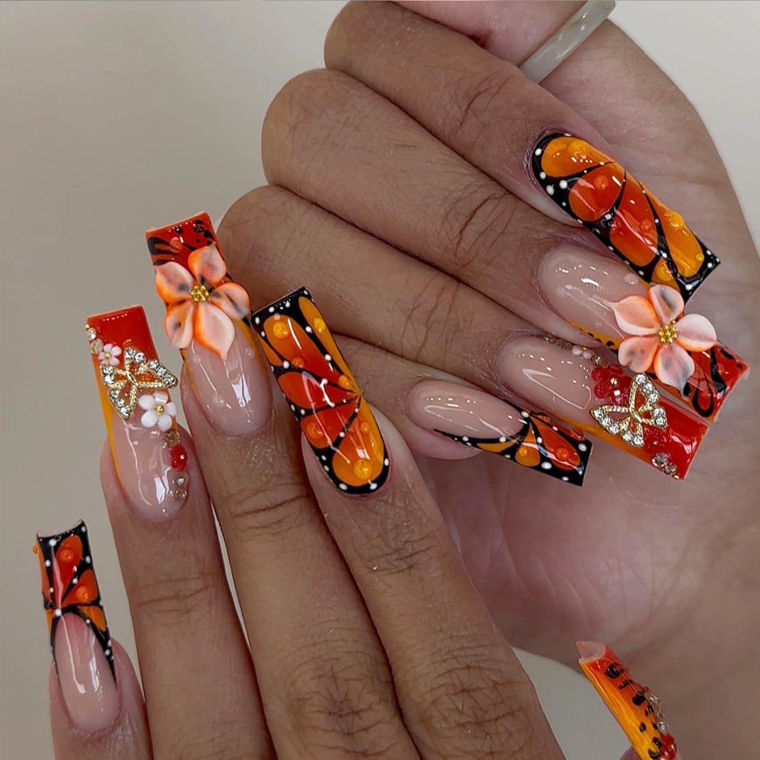 24pcs French Tip Press on Nails Long Coffin Nails Tips 3D Butterfly Fake Nails with Flower Rhinestones Design Nude Pink False Nails Colorful Floral Acrylic Nails for Women Manicure Supplies