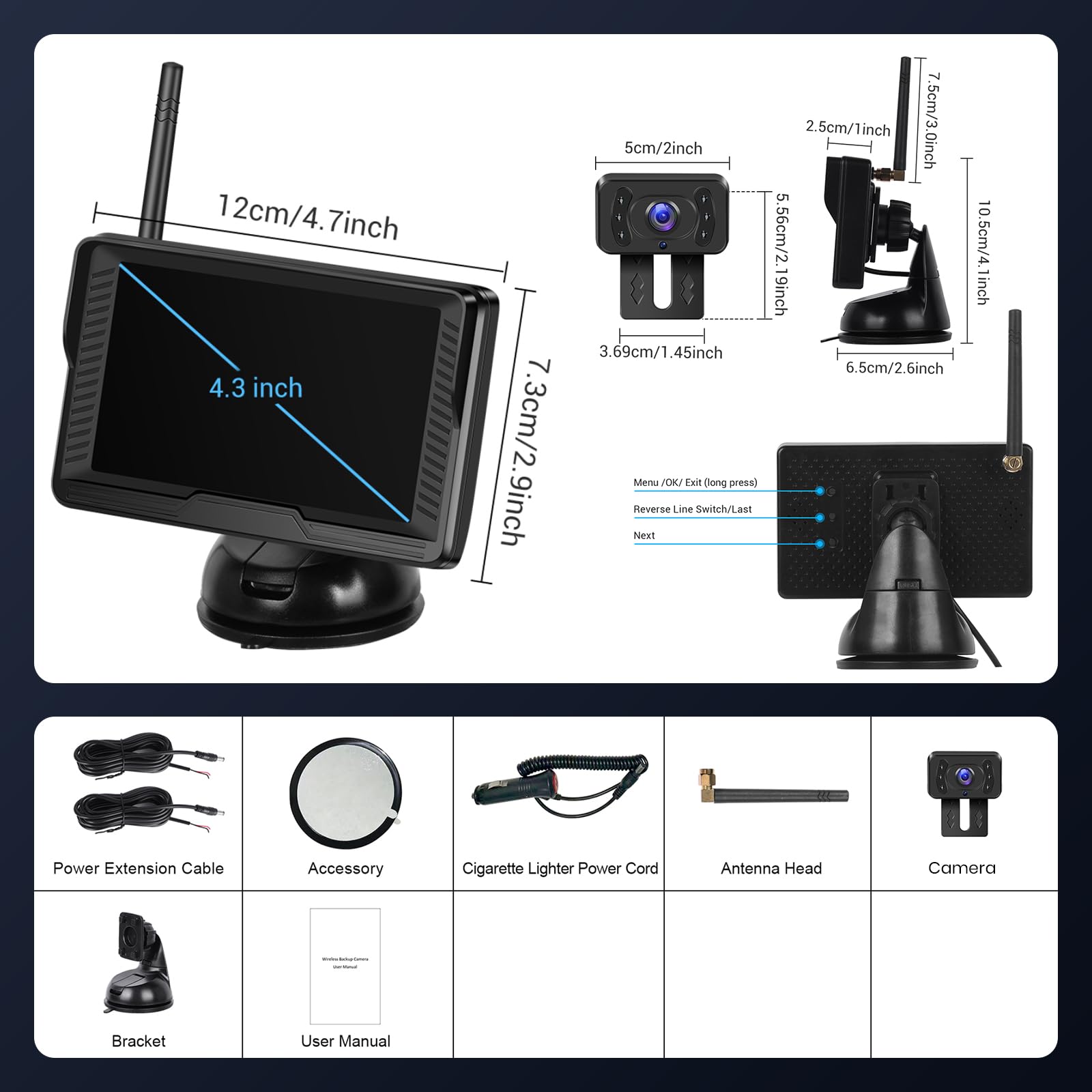 Kit Telecamera Retromarcia Senza Fili con 4,3'' IPS Monitor, Telecamera di Backup Impermeabile IP69 Segnali Digitali Stabili,Visione Notturna con Grandangolare, Telecamera per Auto/RV/Camper