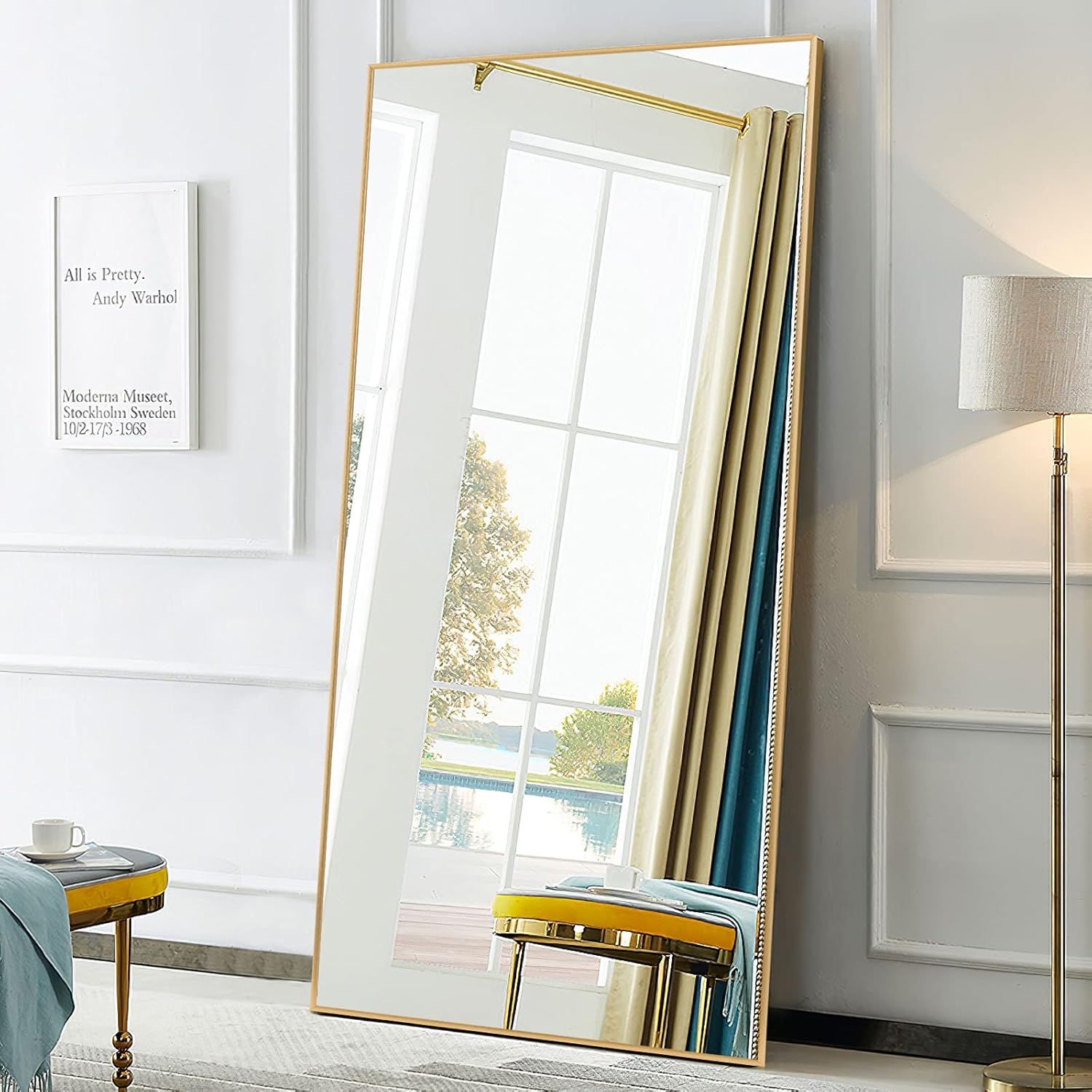 NeuType Arched Wall Mirror,36"x24", Full Length Mirror, Hanging or Leaning Against Wall,Large Bedroom Mirror, Floor Mirror, Dressing Mirror, Aluminum Alloy Thin Frame, Rounded Corners,Gold