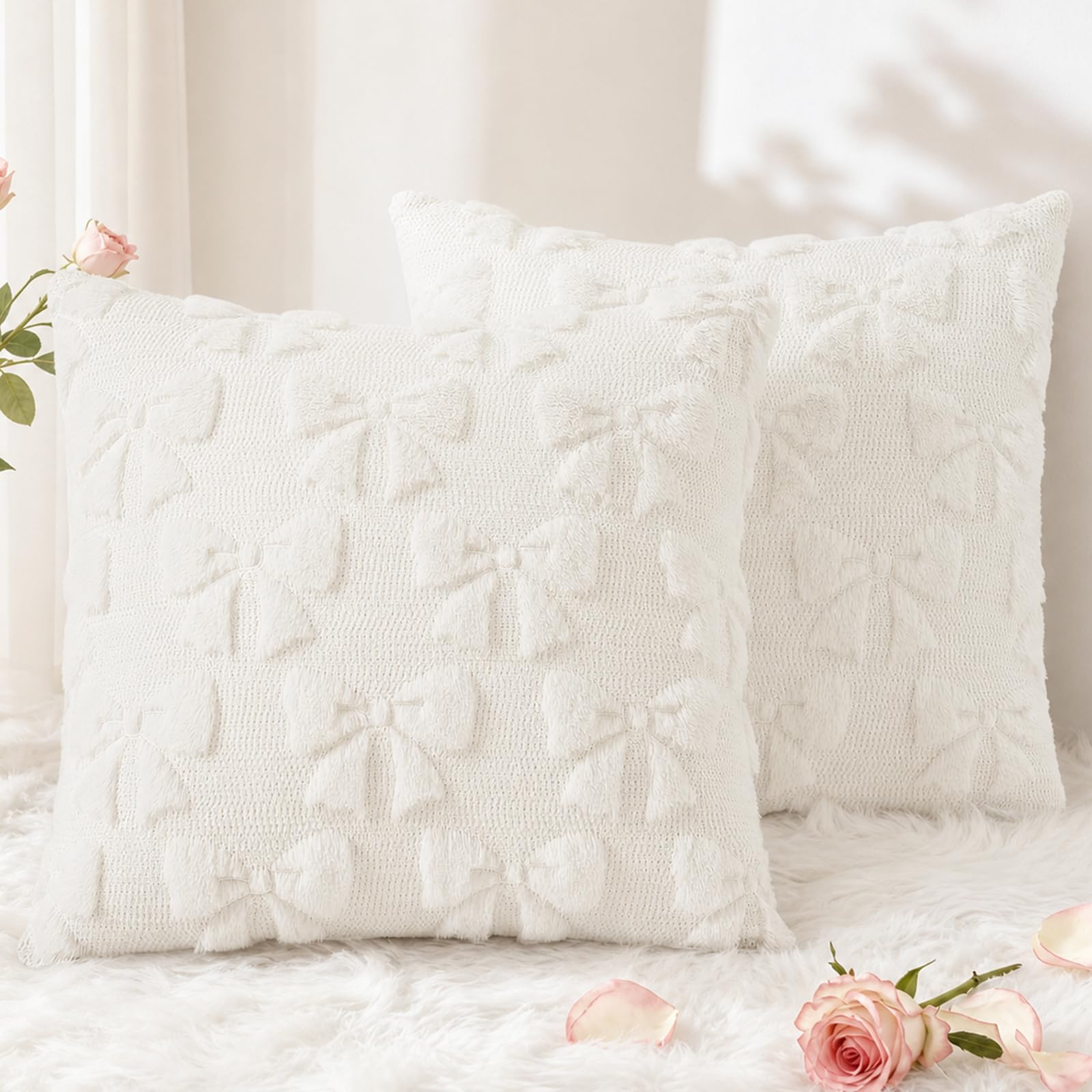 decorUhome Cream White Bow Faux Fur Throw Pillow Covers 20x20 Set of 2