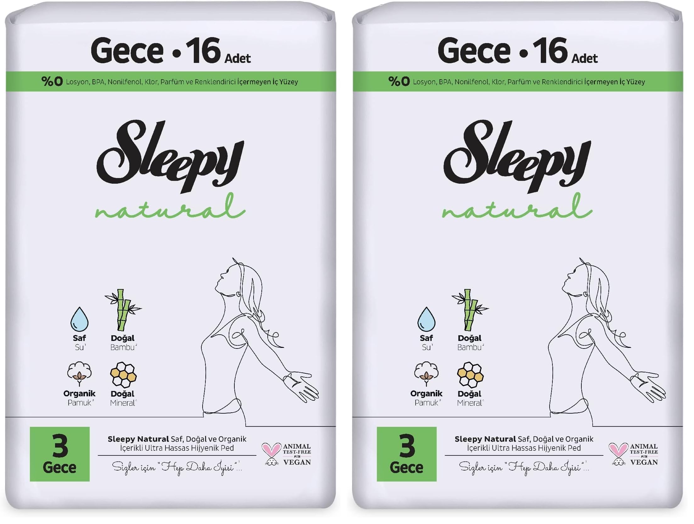 Sleepy Natural Ultra Hassas Hijyenik Ped Gece 16 Adet (2 paketi)