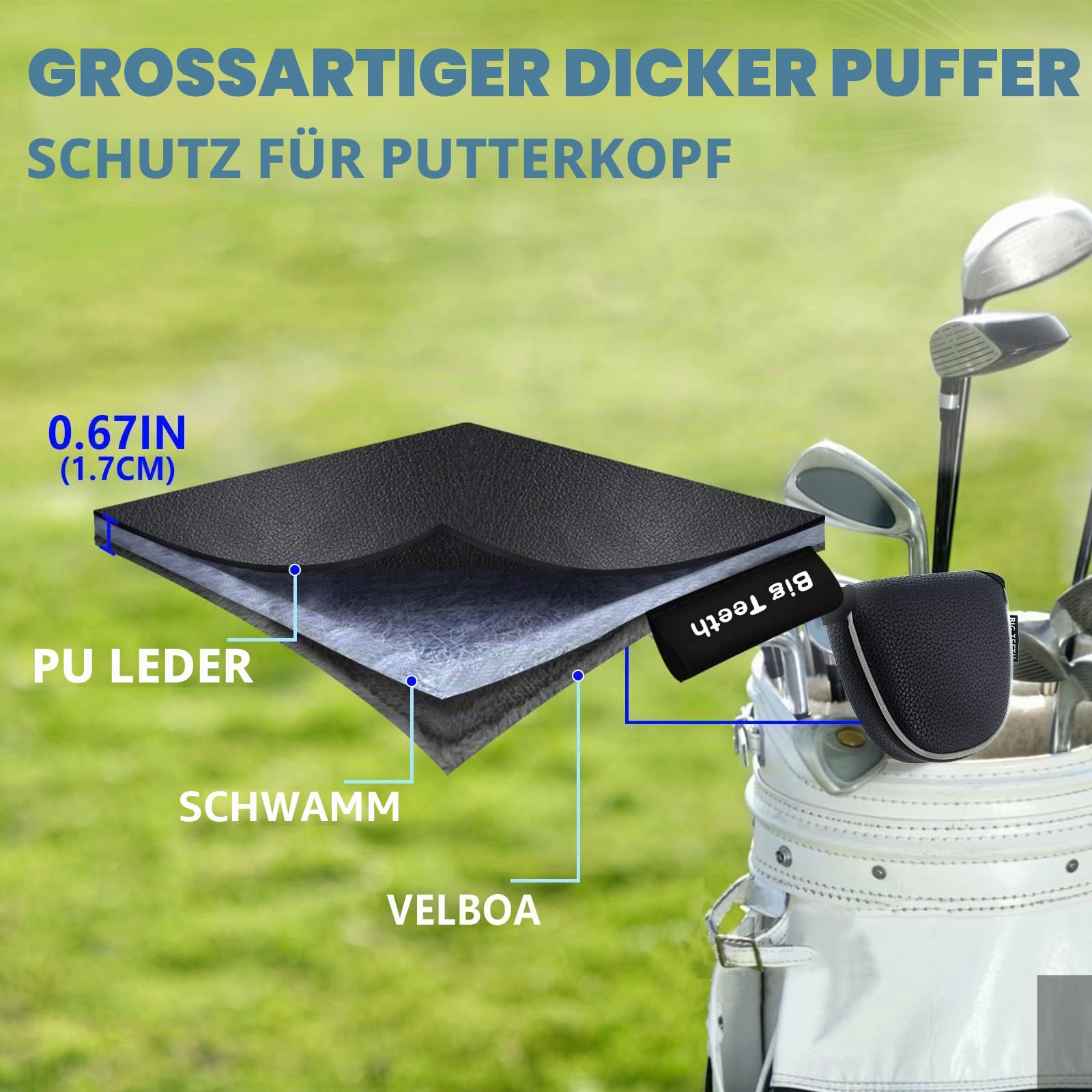 Big Teeth Golfschlägerhaube, magnetisch, für Ping Odyssey (Weiß/Grün/Schwarz)
