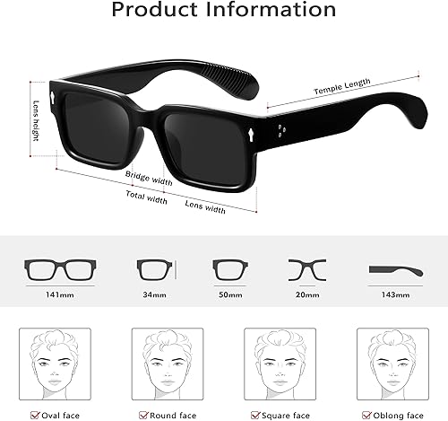 Miniatura 6 de YDAOWKN Gafas de sol con marco cuadrado para mujeres y hombres, lentes de sol rectangulares gruesos de moda, lentes de sol negros con protección