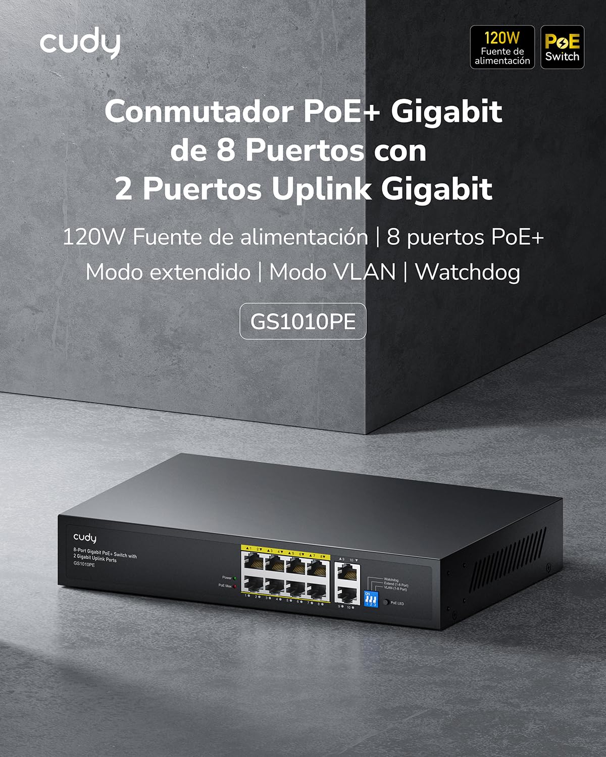 Cudy Interruptor 10 Puerto PoE + Gigabit, 120 Watt PoE + Presupuesto, 8 Gigabit PoE/PoE + Puertos, 2 Puertos Gigabit de Enlace Ascendente, 802.3af / at, sin Ventilador, GS1010PE | Norma IEEE 802.3at/af, Aislamiento VLAN, PD Watchdog Auto-Recovery, Chasis
