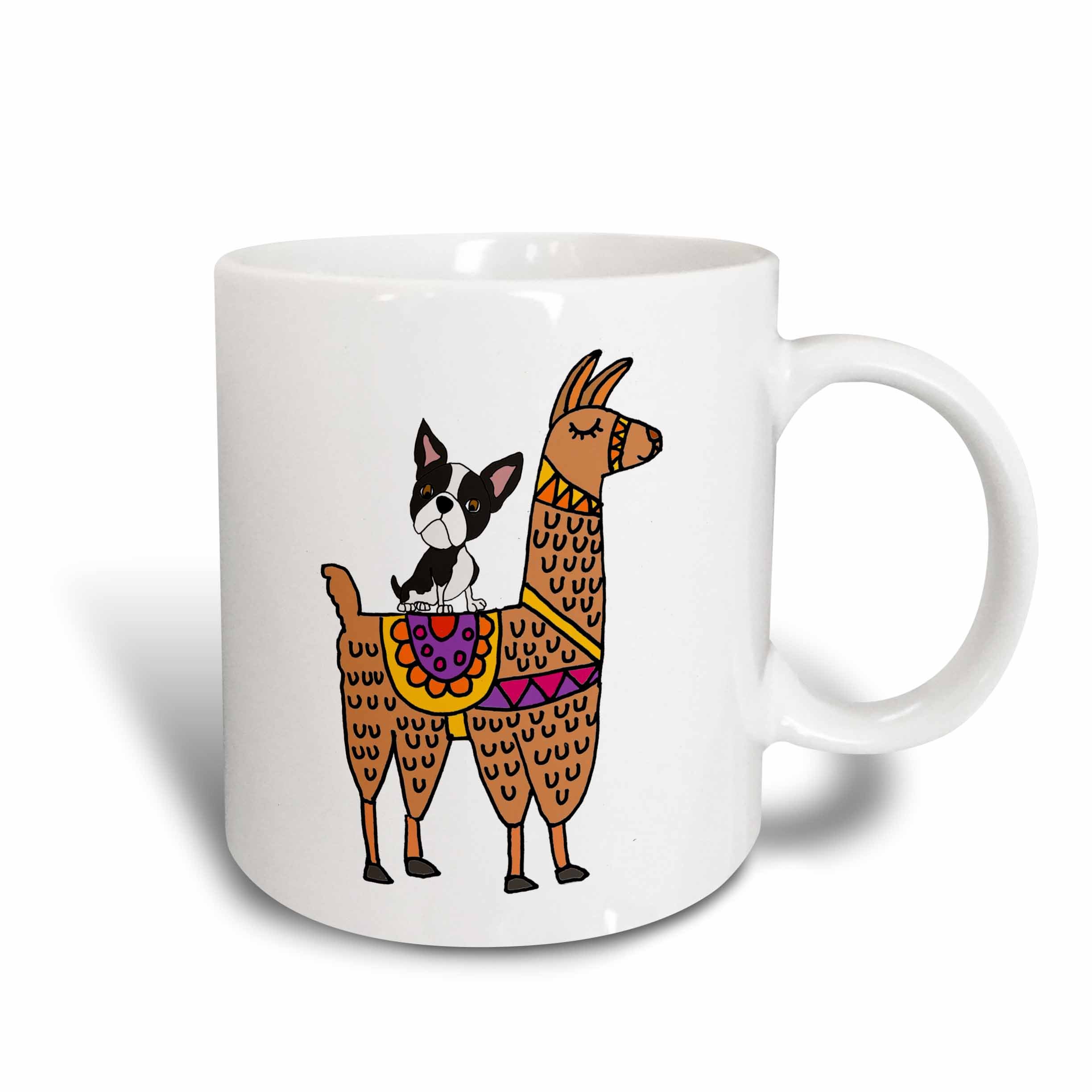 3dRose Funny Cool Boston Terrier Dog Riding Llama Cartoon Mug, 15-oz