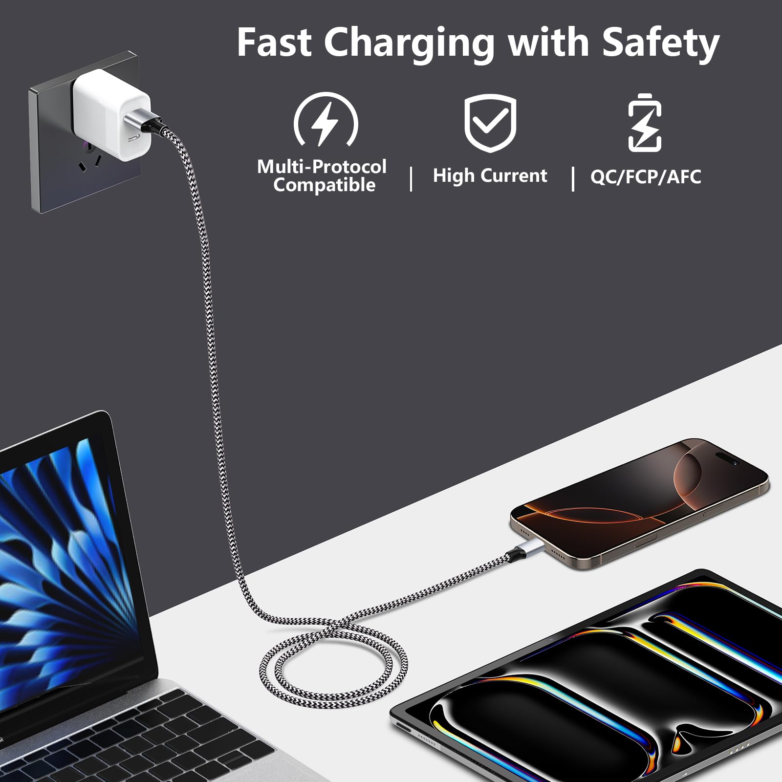 Certificado MFi de Apple: cable de carga rápida para iPhone 16, Linocell paquete de 5 unidades USB A a tipo C, 60 W, cable trenzado USB tipo C para iPhone 16/16 Pro/16 Plus/16 Pro Max/15/15 Pro/iPad