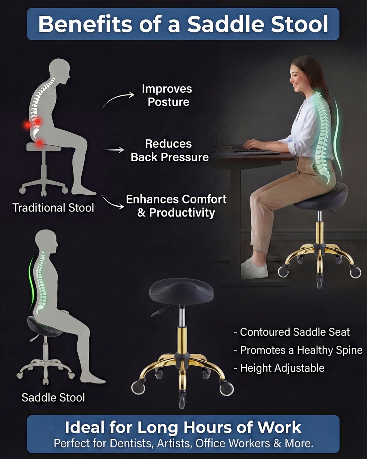 Rolling Saddle Stool - Salon Chair with Wheels -5