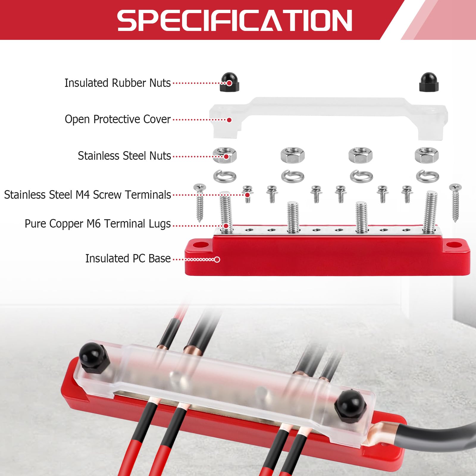 Bloc de Distribution D'alimentation 12V-48V DC Barres de Distribution D'énergie BusBar 150A avec 6 x M4 & 4 x M6 Boulons de Borne, Bloc de Connexion de Batterie pour Voitures, Camping-Cars, navires