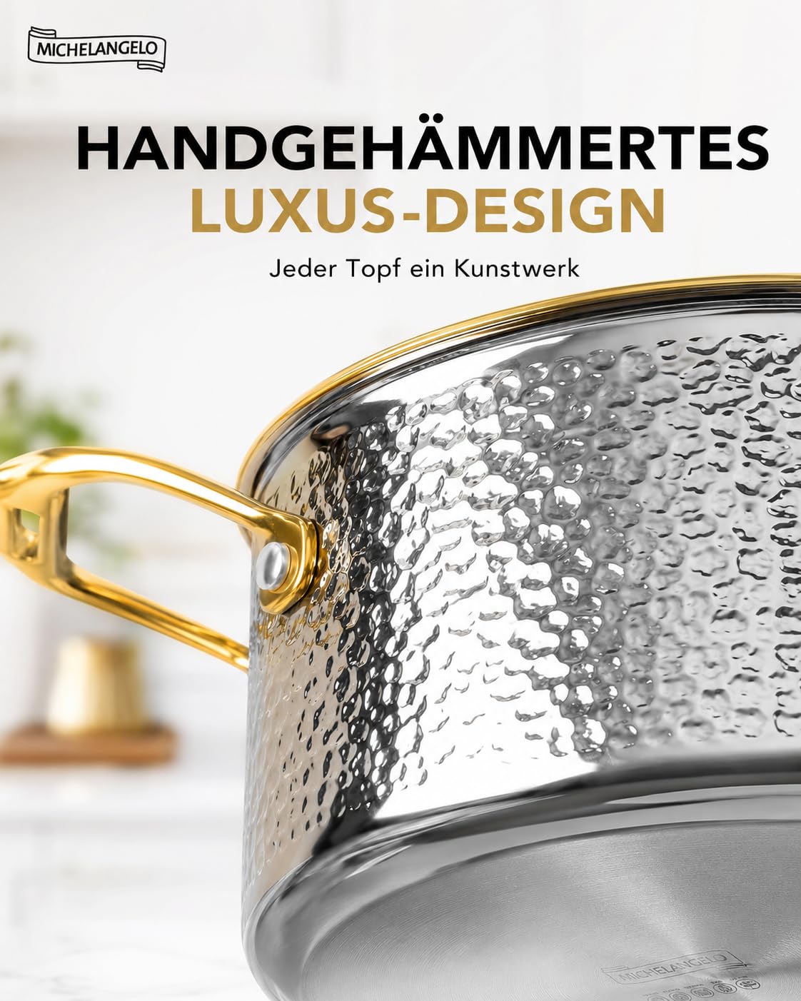 MICHELANGELO 10-tlg. Topf- und Pfannenset Induktion, Edelstahl, gehämmert | Kochgeschirr-Set | Gehämmerte Optik | Goldfarbene Griffe | 3-lagiger Edelstahl | PTFE-/PFOA-frei | Backofen bis 315°C