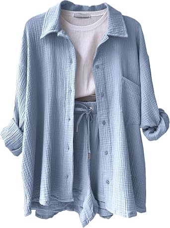 Women's 2 Piece Outfit Sets Long Sleeve Button Down Shirt Top Shorts Sets