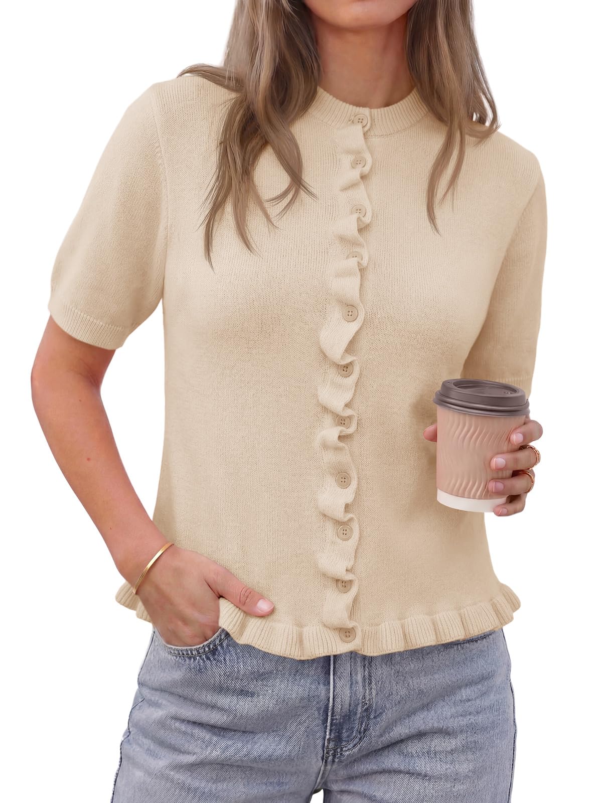 Saodimallsu Womens Ruffle Cardigan Puff Short Sleeve Cute Summer Button Down Lightweight Soft Knit Crewneck Sweater Tops