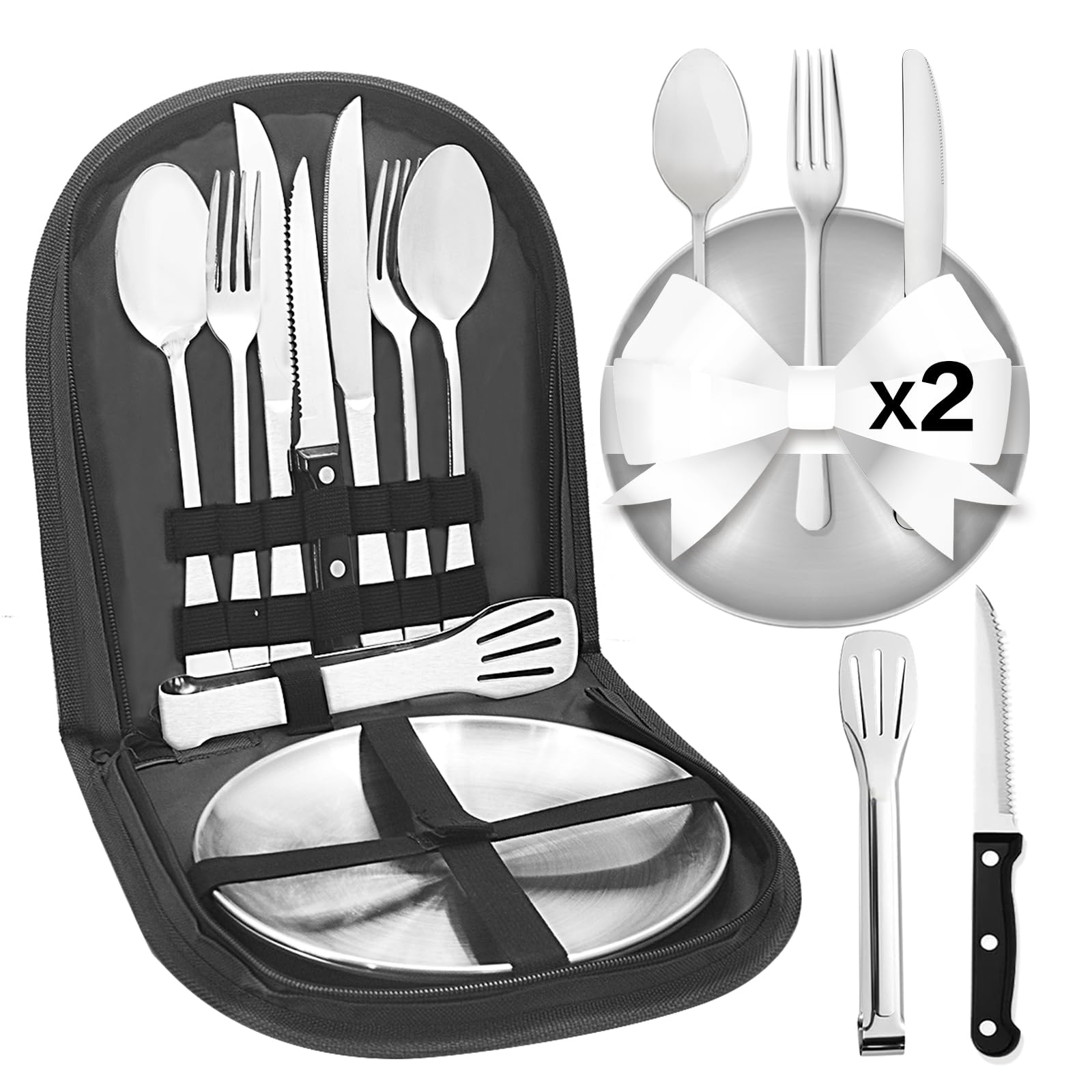Set Posate Da Campeggio 13 Pezzi - In Acciaio Inox, Per 2 Persone, Con Borsa Portatile Per Picnic E Escursioni