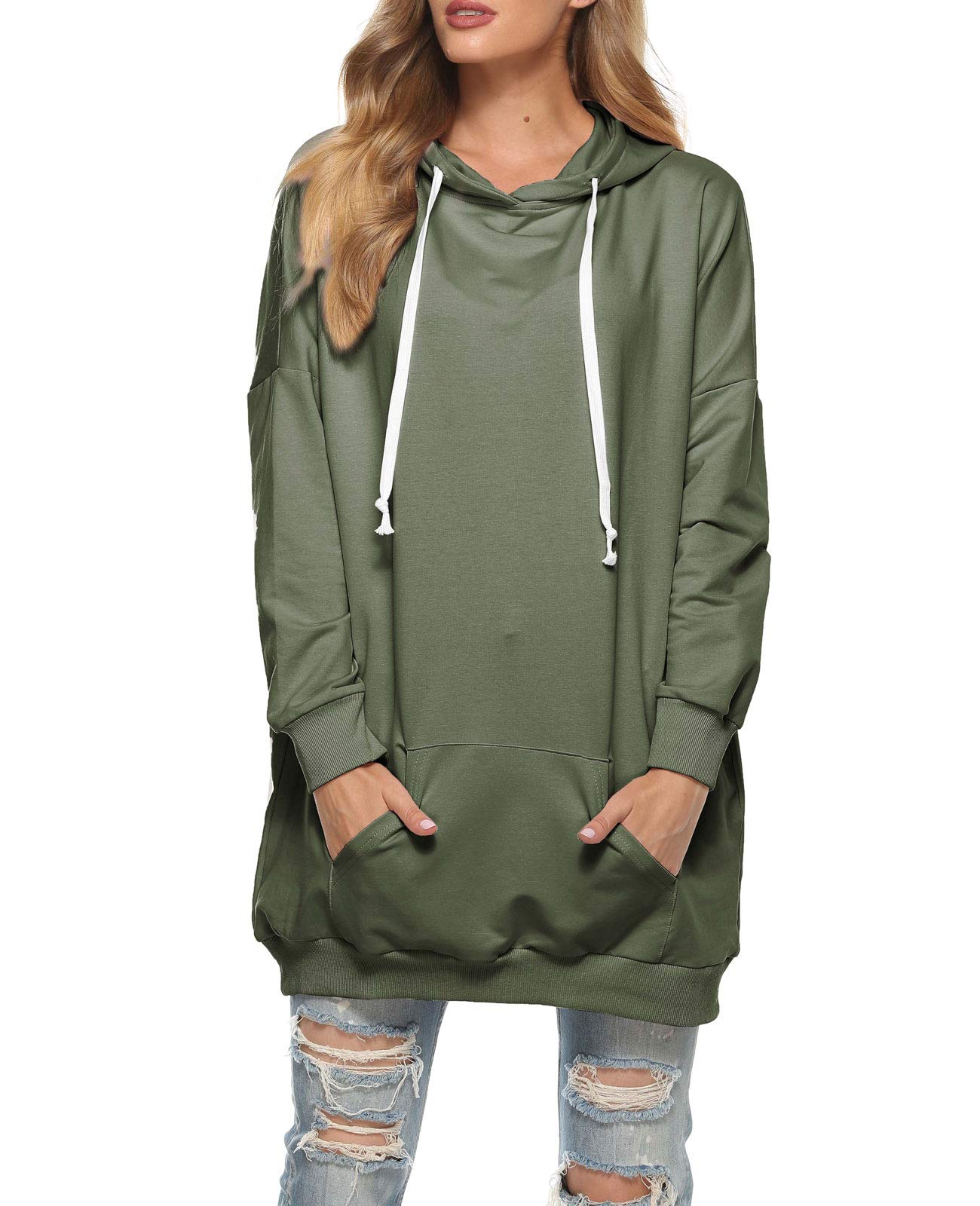 Famulily Damen Oversized Hoodie Kleid Baumwolle Lang Sweatshirt mit Kapuze Einfarbige Kapuzenpullover und Taschen und Kordelzug
