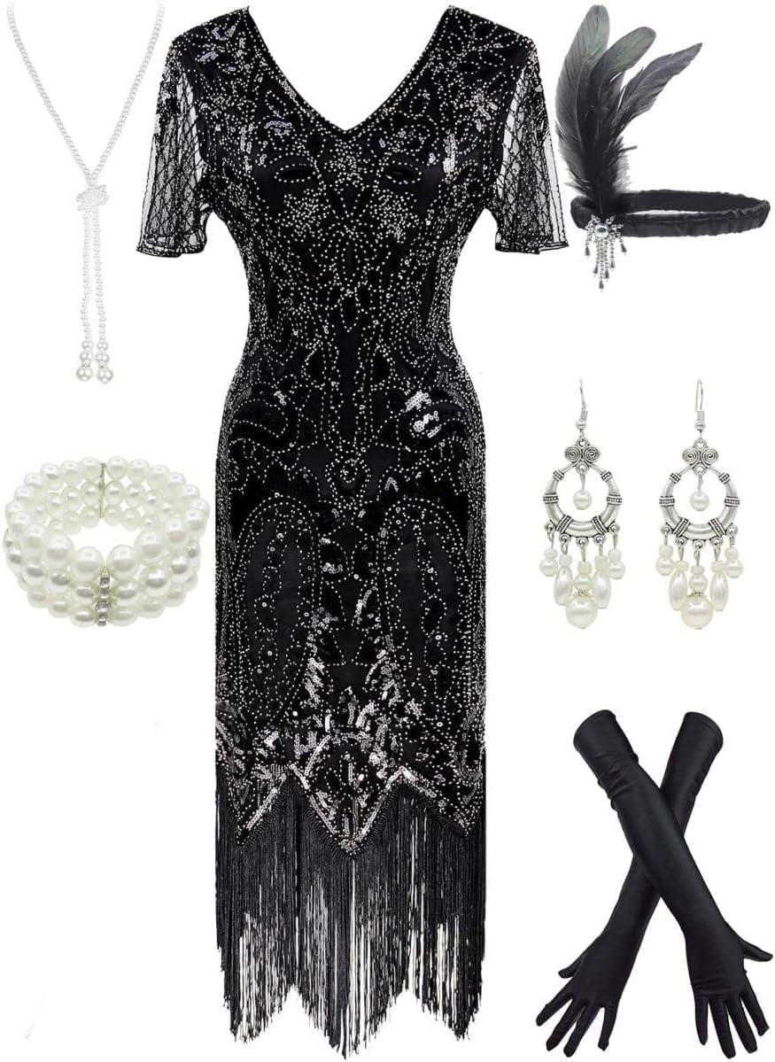 Women 1920s Gatsby Vintage Sequin Flapper Fringe Party Plus Dress with 20s Accessories Set